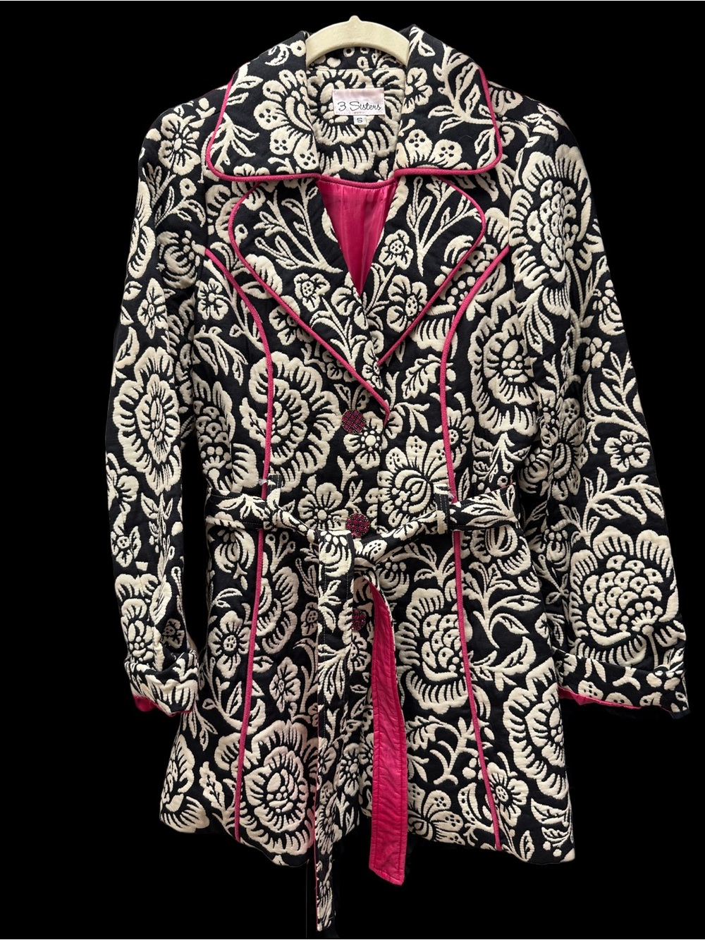 3 Sisters Black and Cream Floral coat with Pink Piping